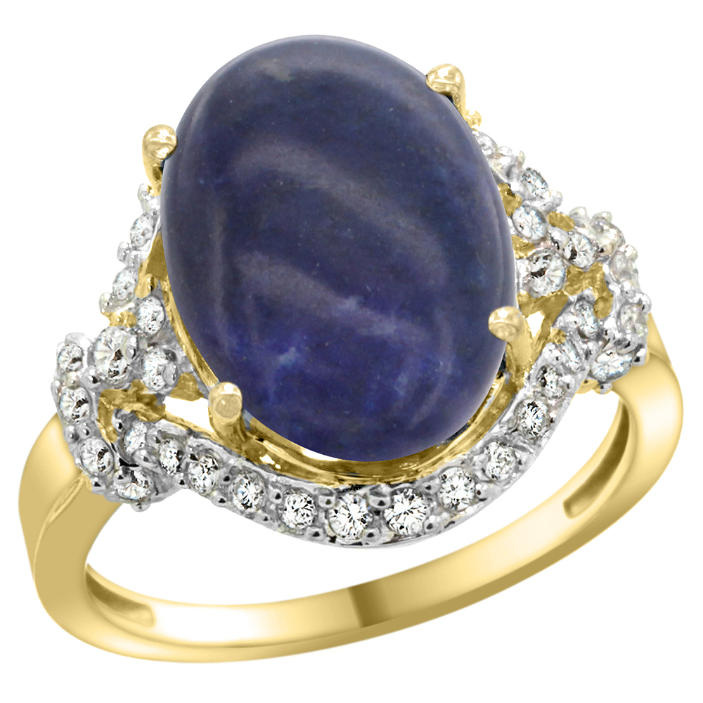 14K YELLOW GOLD NATURAL LAPIS RING DIAMOND HALO OVAL 14X10MM, 3/4 INCH WIDE, SIZES 5 - 10