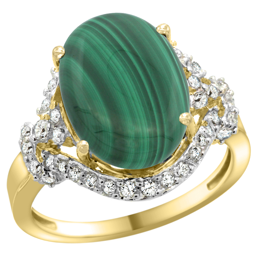 14K YELLOW GOLD NATURAL MALACHITE RING DIAMOND HALO OVAL 14X10MM, 3/4 INCH WIDE, SIZES 5 - 10