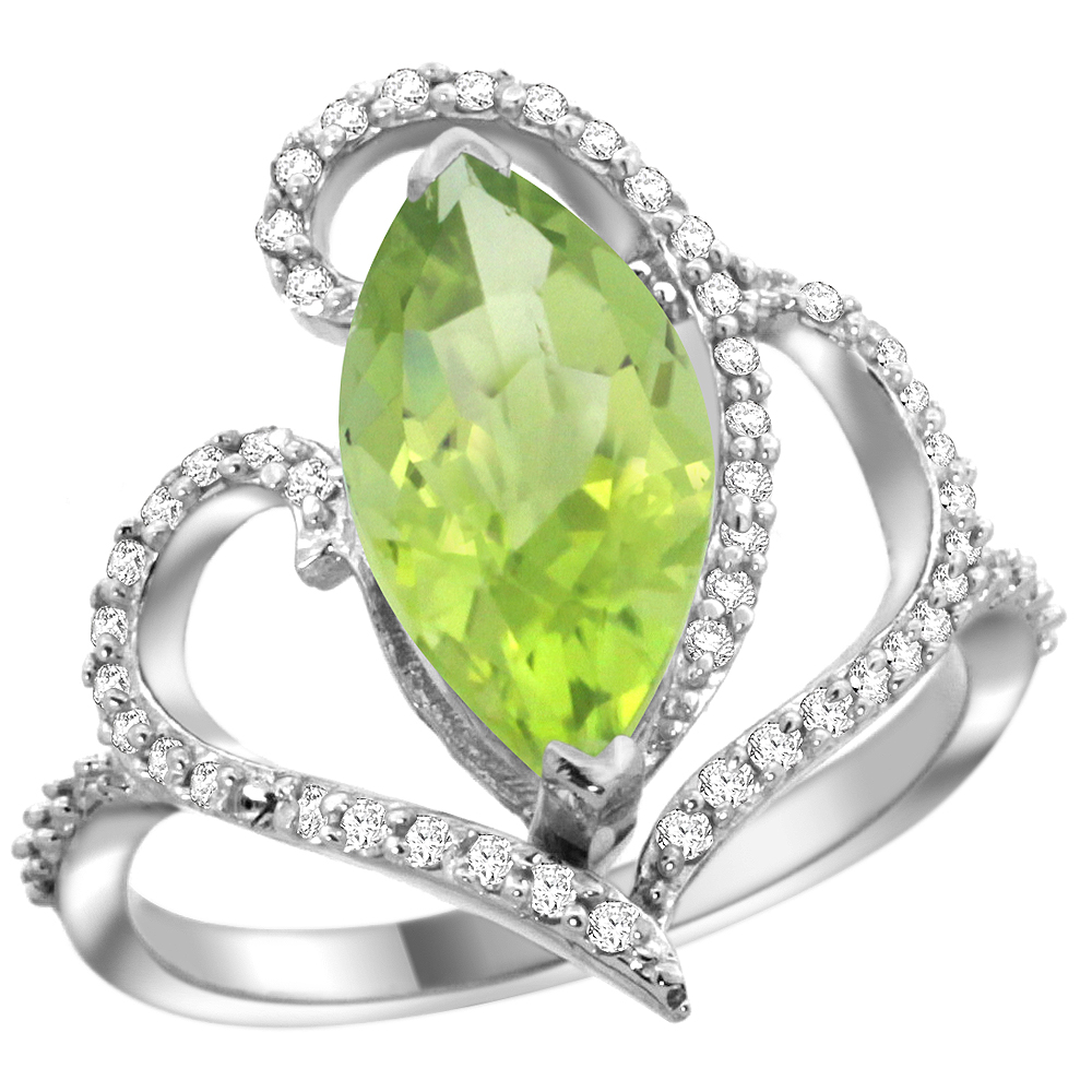 14k White Gold Stone Peridot Ring Marquise 14x7mm Diamond Accents, sizes 5 - 10