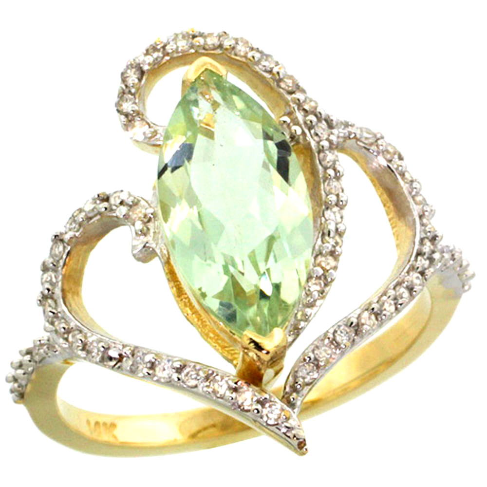 14k Yellow Gold Stone Green Amethyst Ring Marquise 14x7mm Diamond Accents, sizes 5 - 10