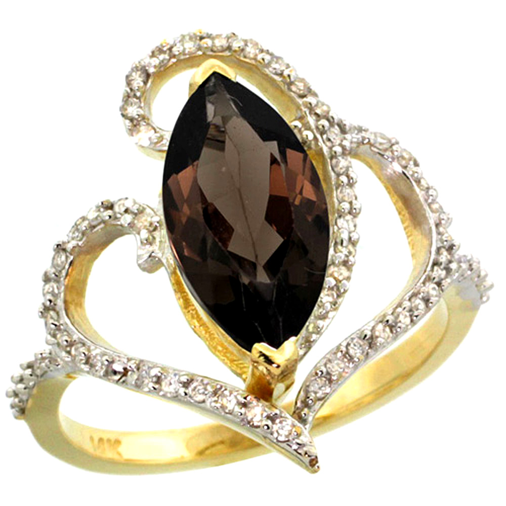 14k Yellow Gold Stone Smoky Topaz Ring Marquise 14x7mm Diamond Accents, sizes 5 - 10