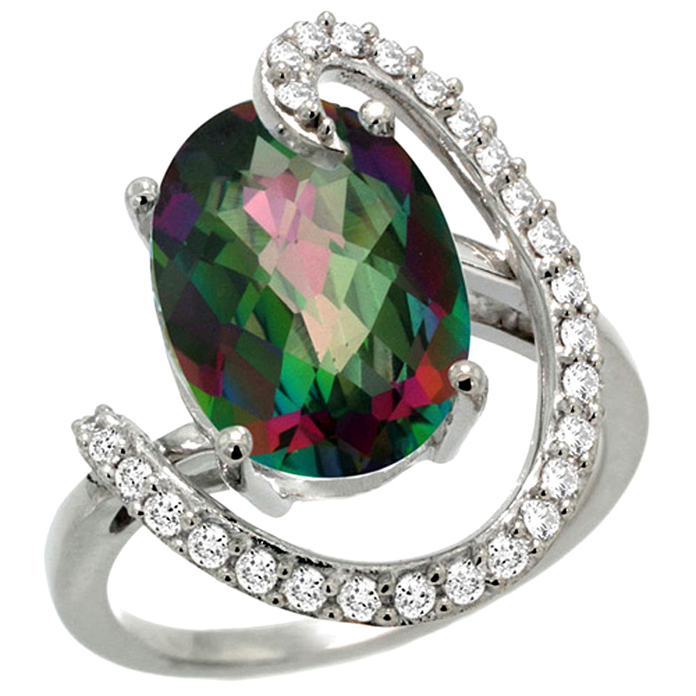 14K WHITE GOLD NATURAL MYSTIC TOPAZ RING OVAL 14X10 DIAMOND ACCENT, 3/4INCH WIDE, SIZES 5 - 10