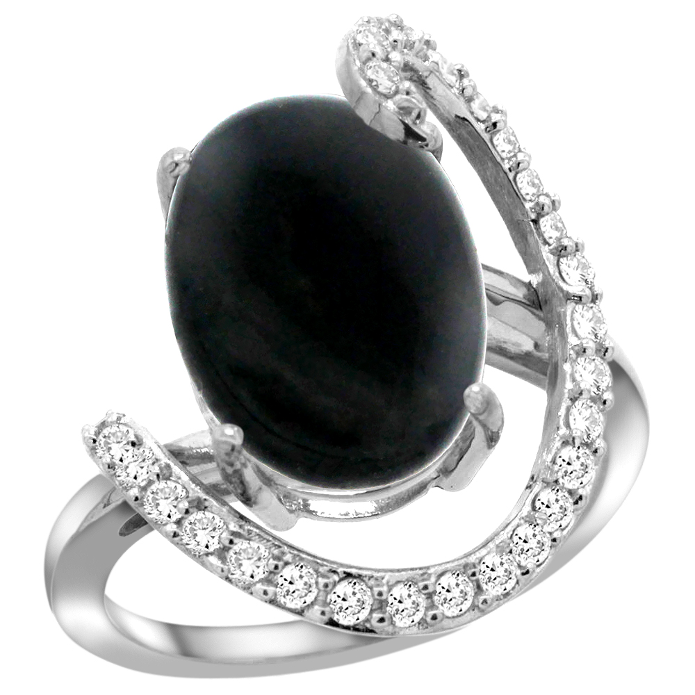 14K WHITE GOLD NATURAL BLACK ONYX RING OVAL 14X10 DIAMOND ACCENT, 3/4INCH WIDE, SIZES 5 - 10
