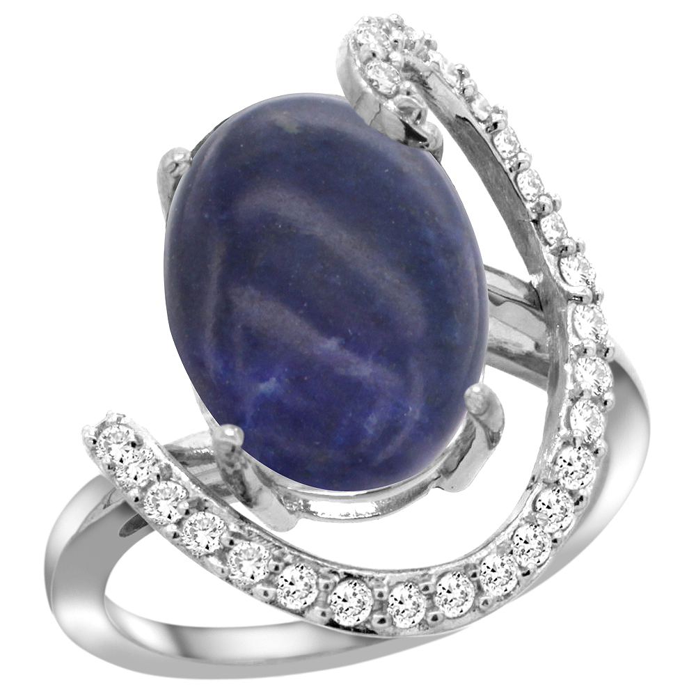 14K WHITE GOLD NATURAL LAPIS RING OVAL 14X10 DIAMOND ACCENT, 3/4INCH WIDE, SIZES 5 - 10