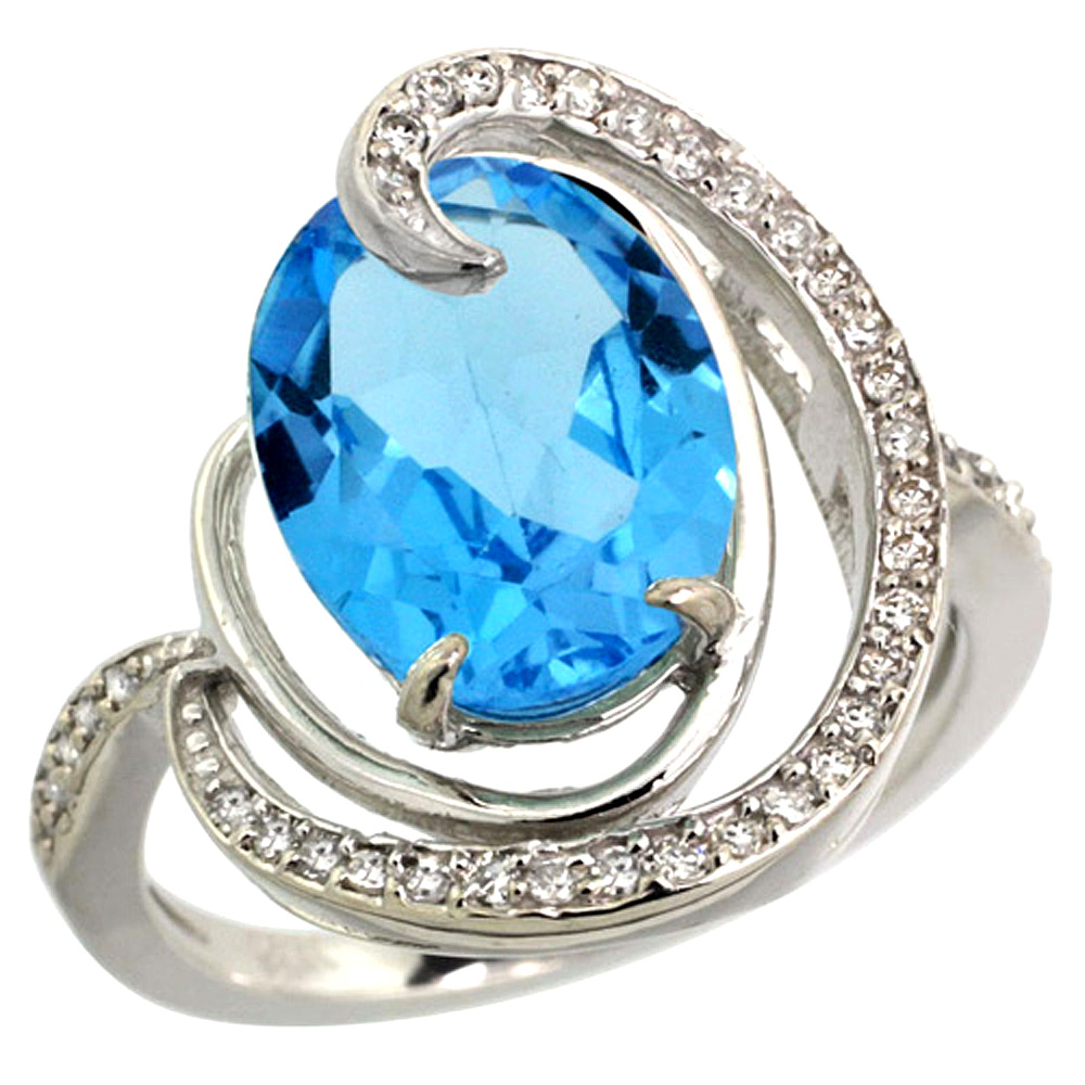 14K WHITE GOLD NATURAL SWISS BLUE TOPAZ RING OVAL 12X10MM DIAMOND ACCENTS, SIZES 5 - 10
