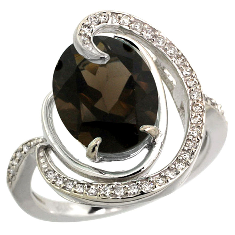 14K WHITE GOLD NATURAL SMOKY TOPAZ RING OVAL 12X10MM DIAMOND ACCENTS, SIZES 5 - 10