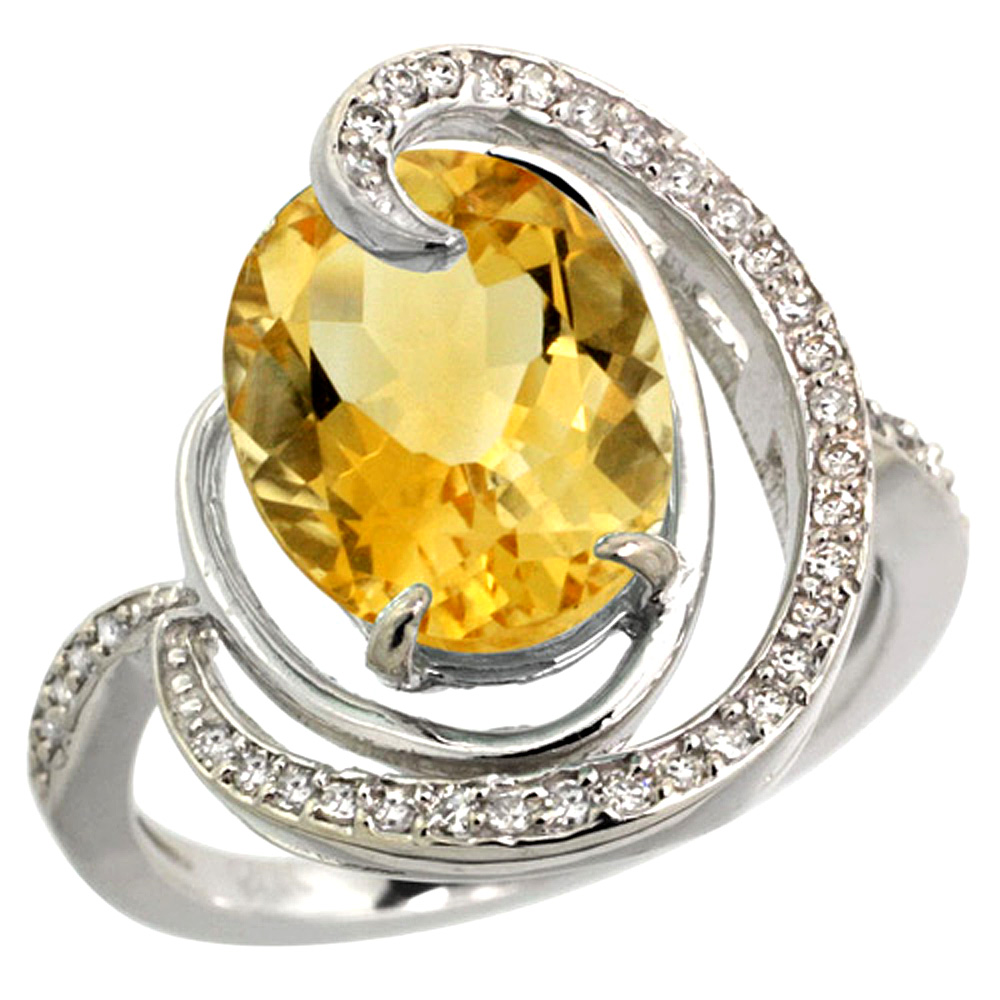 14K WHITE GOLD NATURAL CITRINE RING OVAL 12X10MM DIAMOND ACCENTS, SIZES 5 - 10