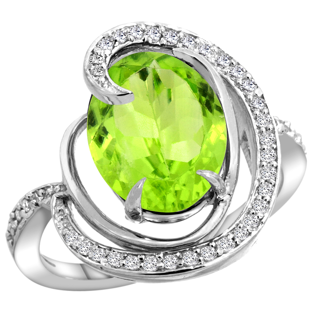 14K WHITE GOLD NATURAL PERIDOT RING OVAL 12X10MM DIAMOND ACCENTS, SIZES 5 - 10