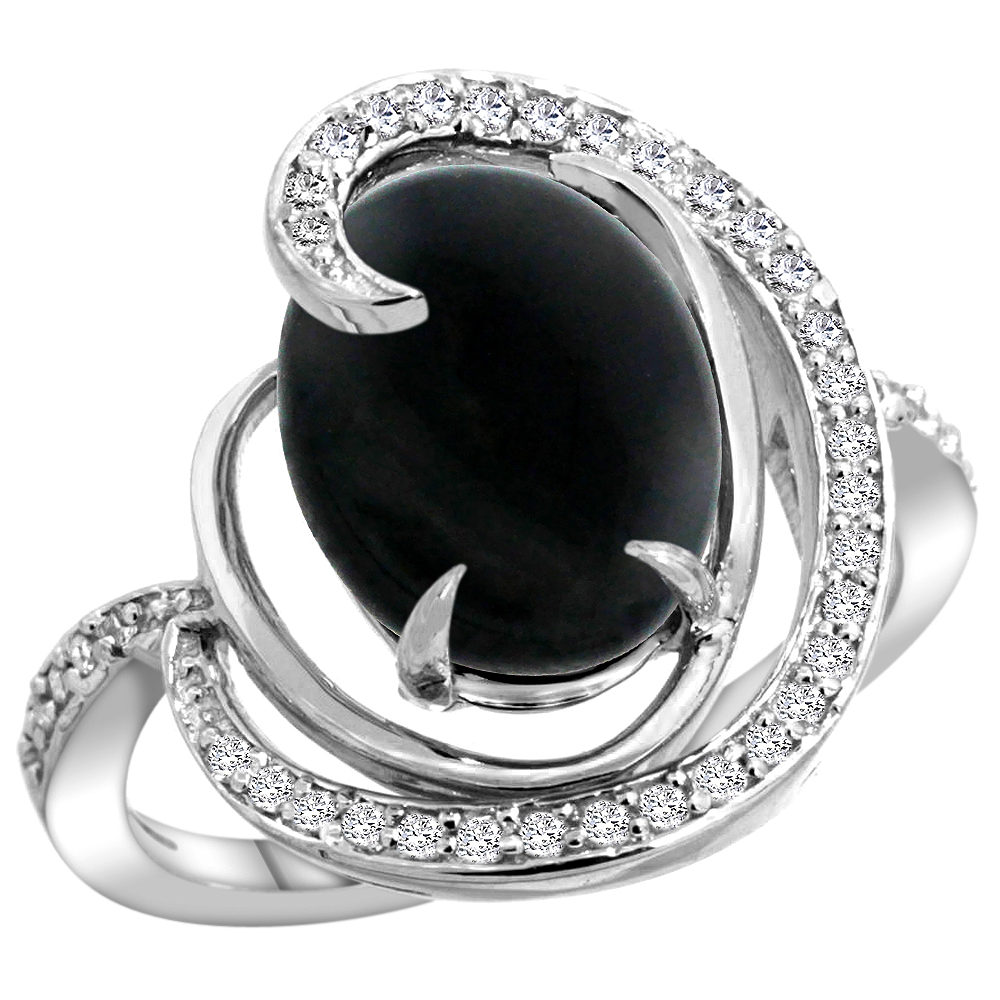 14K WHITE GOLD NATURAL BLACK ONYX RING OVAL 12X10MM DIAMOND ACCENTS, SIZES 5 - 10