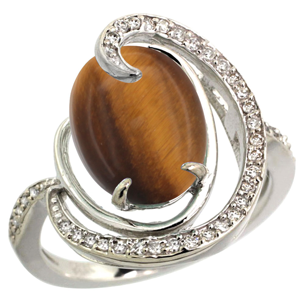 14K WHITE GOLD NATURAL TIGER EYE RING OVAL 12X10MM DIAMOND ACCENTS, SIZES 5 - 10