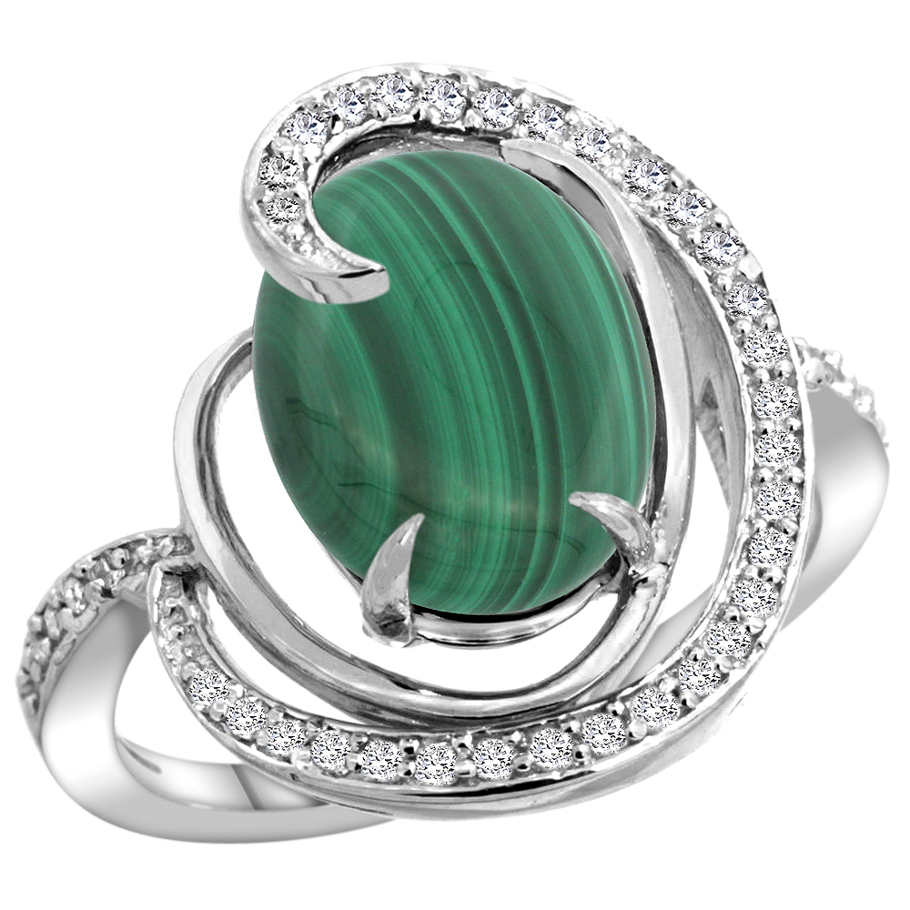 14K WHITE GOLD NATURAL MALACHITE RING OVAL 12X10MM DIAMOND ACCENTS, SIZES 5 - 10
