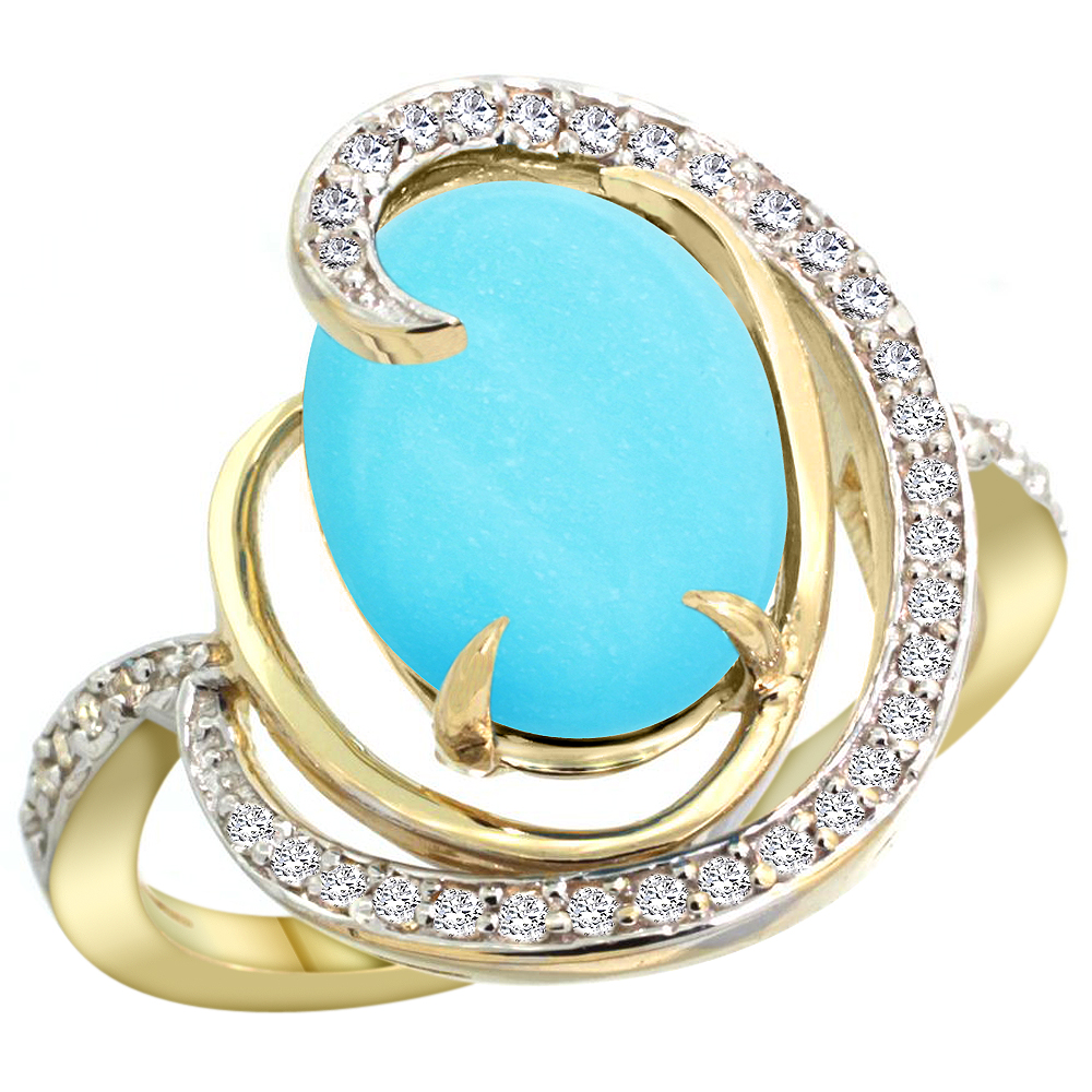 14K YELLOW GOLD NATURAL TURQUOISE RING OVAL 12X10MM DIAMOND ACCENTS, SIZES 5 - 10