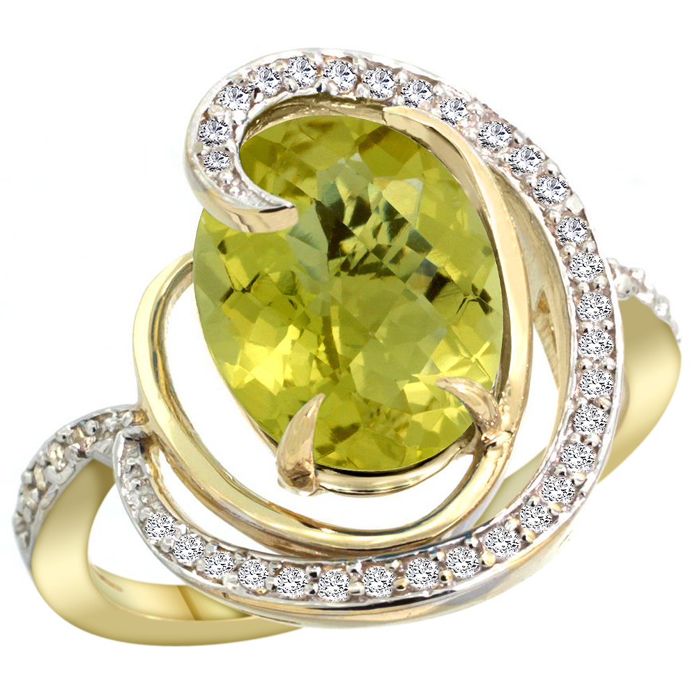 14K YELLOW GOLD NATURAL LEMON QUARTZ RING OVAL 12X10MM DIAMOND ACCENTS, SIZES 5 - 10