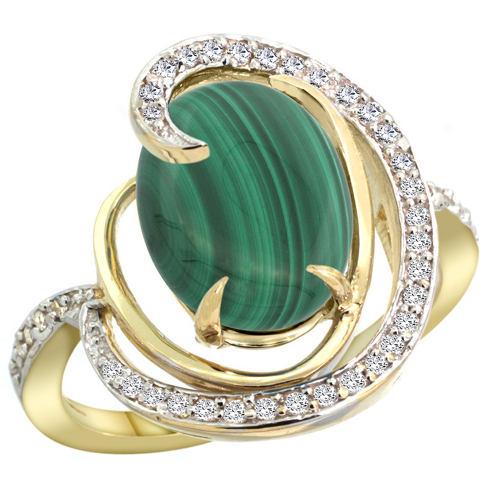 14K YELLOW GOLD NATURAL MALACHITE RING OVAL 12X10MM DIAMOND ACCENTS, SIZES 5 - 10