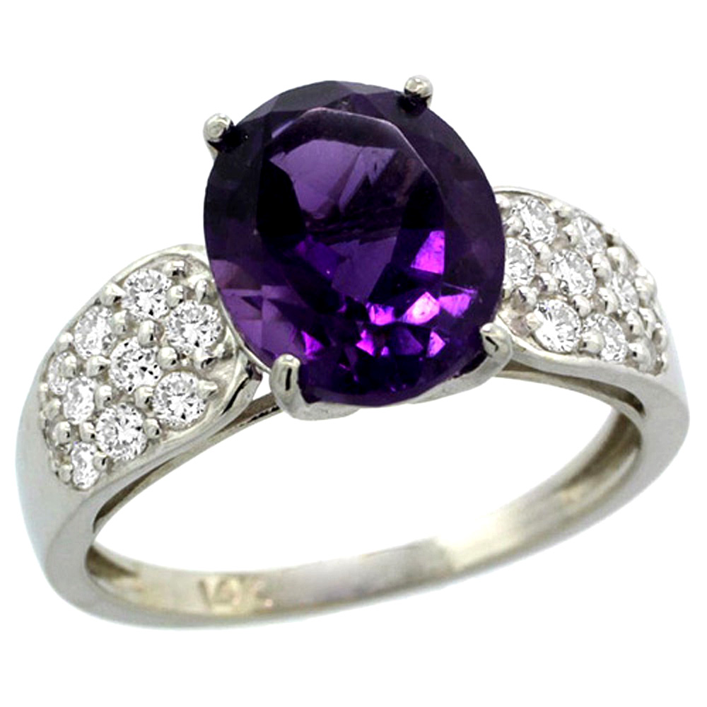 14K WHITE GOLD NATURAL AMETHYST RING OVAL 10X8MM DIAMOND ACCENT, 7/16INCH WIDE, SIZES 5 - 10