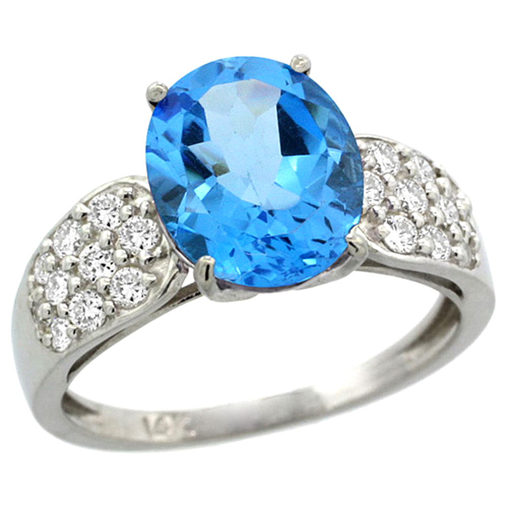 14K WHITE GOLD NATURAL SWISS BLUE TOPAZ RING OVAL 10X8MM DIAMOND ACCENT, 7/16INCH WIDE, SIZES 5 - 10
