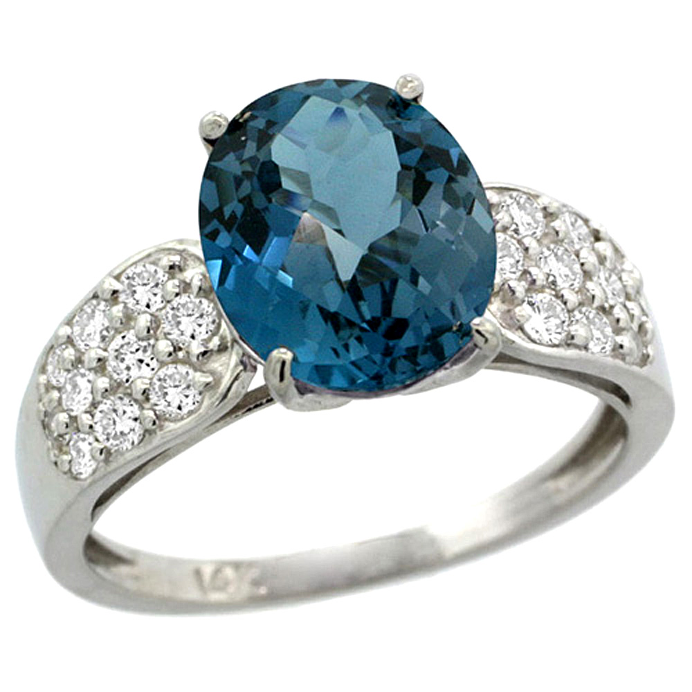 14K WHITE GOLD NATURAL LONDON BLUE TOPAZ RING OVAL 10X8MM DIAMOND ACCENT, 7/16INCH WIDE, SIZES 5 - 10