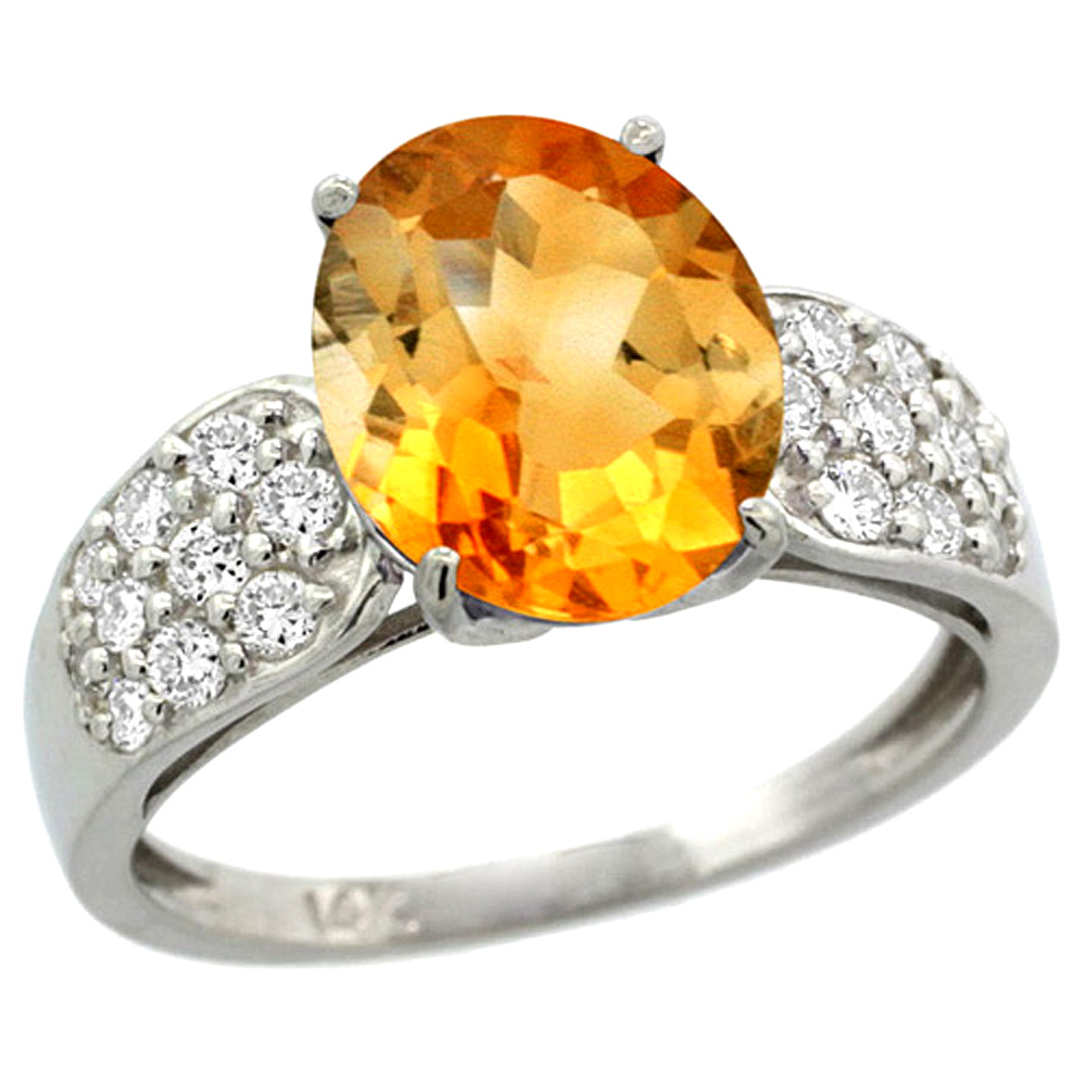 14K WHITE GOLD NATURAL CITRINE RING OVAL 10X8MM DIAMOND ACCENT, 7/16INCH WIDE, SIZES 5 - 10