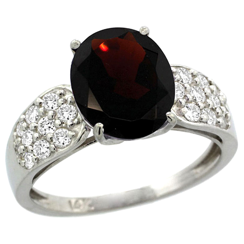 14K WHITE GOLD NATURAL GARNET RING OVAL 10X8MM DIAMOND ACCENT, 7/16INCH WIDE, SIZES 5 - 10