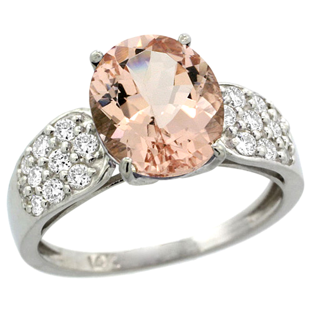 14K WHITE GOLD NATURAL MORGANITE RING OVAL 10X8MM DIAMOND ACCENT, 7/16INCH WIDE, SIZES 5 - 10