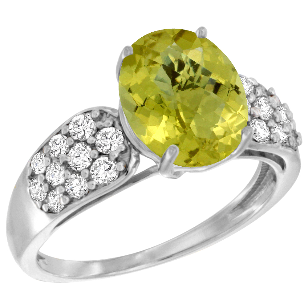 14K WHITE GOLD NATURAL LEMON QUARTZ RING OVAL 10X8MM DIAMOND ACCENT, 7/16INCH WIDE, SIZES 5 - 10