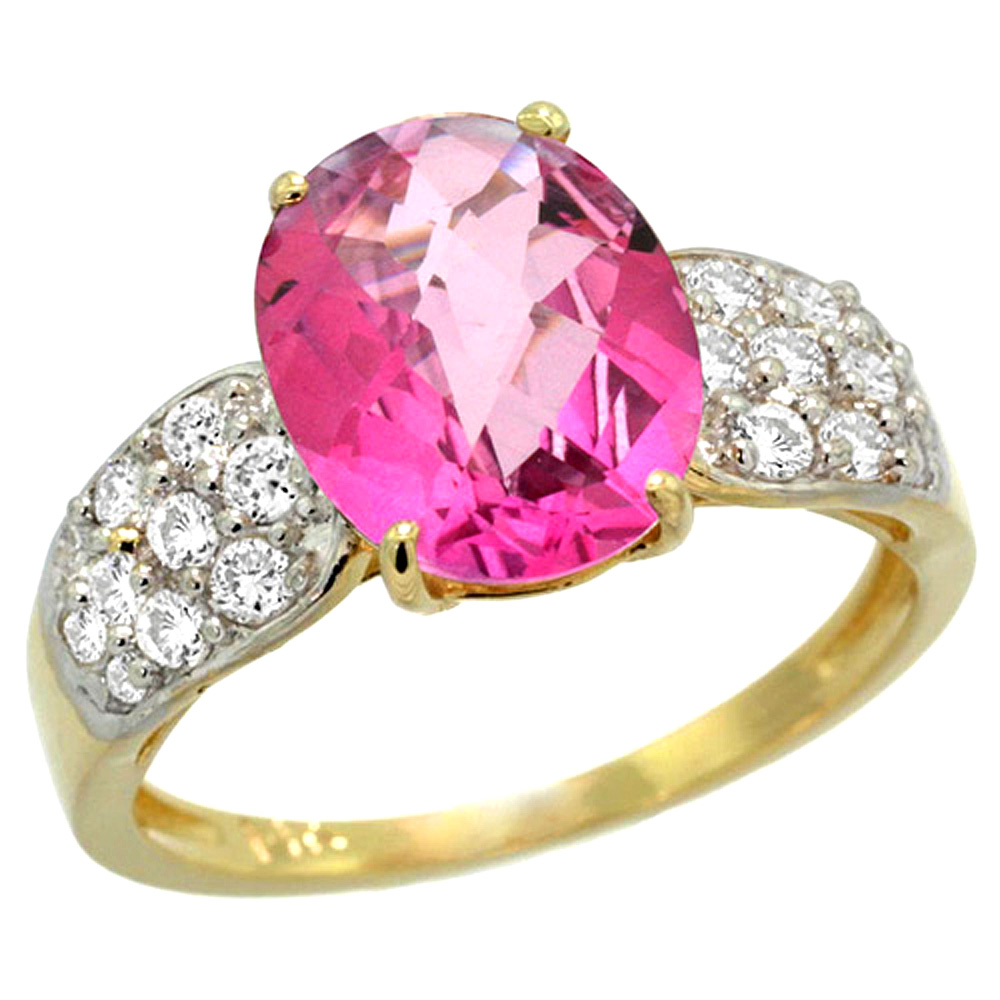 14K YELLOW GOLD NATURAL PINK TOPAZ RING OVAL 10X8MM DIAMOND ACCENT, 7/16INCH WIDE, SIZES 5 - 10
