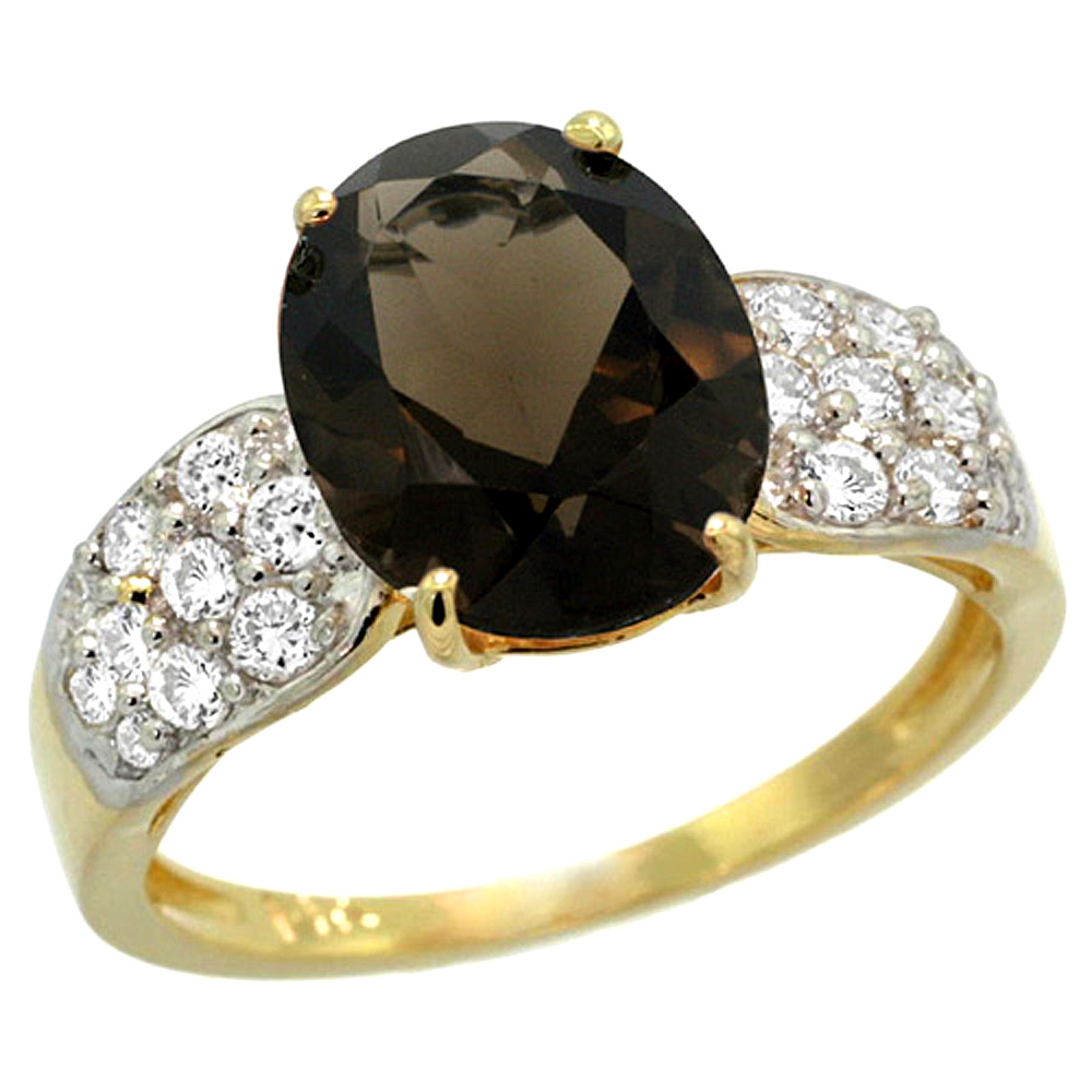 14K YELLOW GOLD NATURAL SMOKY TOPAZ RING OVAL 10X8MM DIAMOND ACCENT, 7/16INCH WIDE, SIZES 5 - 10