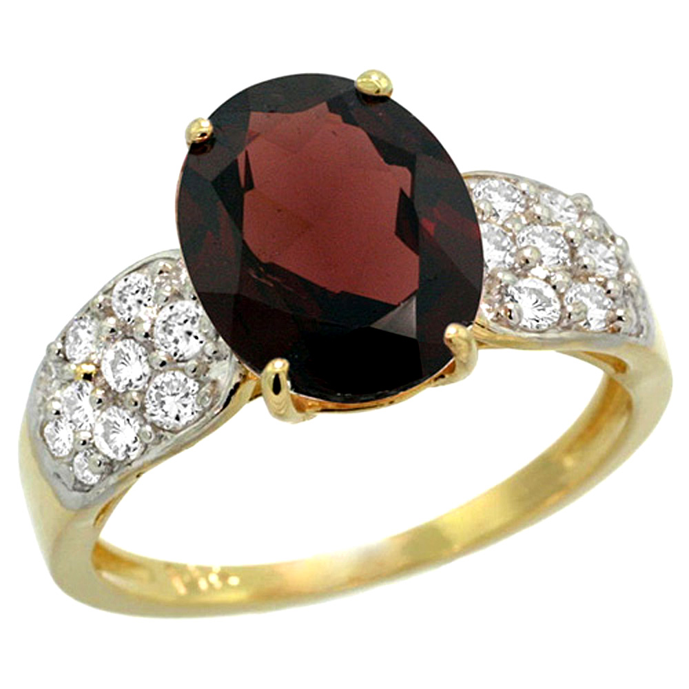 14K YELLOW GOLD NATURAL GARNET RING OVAL 10X8MM DIAMOND ACCENT, 7/16INCH WIDE, SIZES 5 - 10