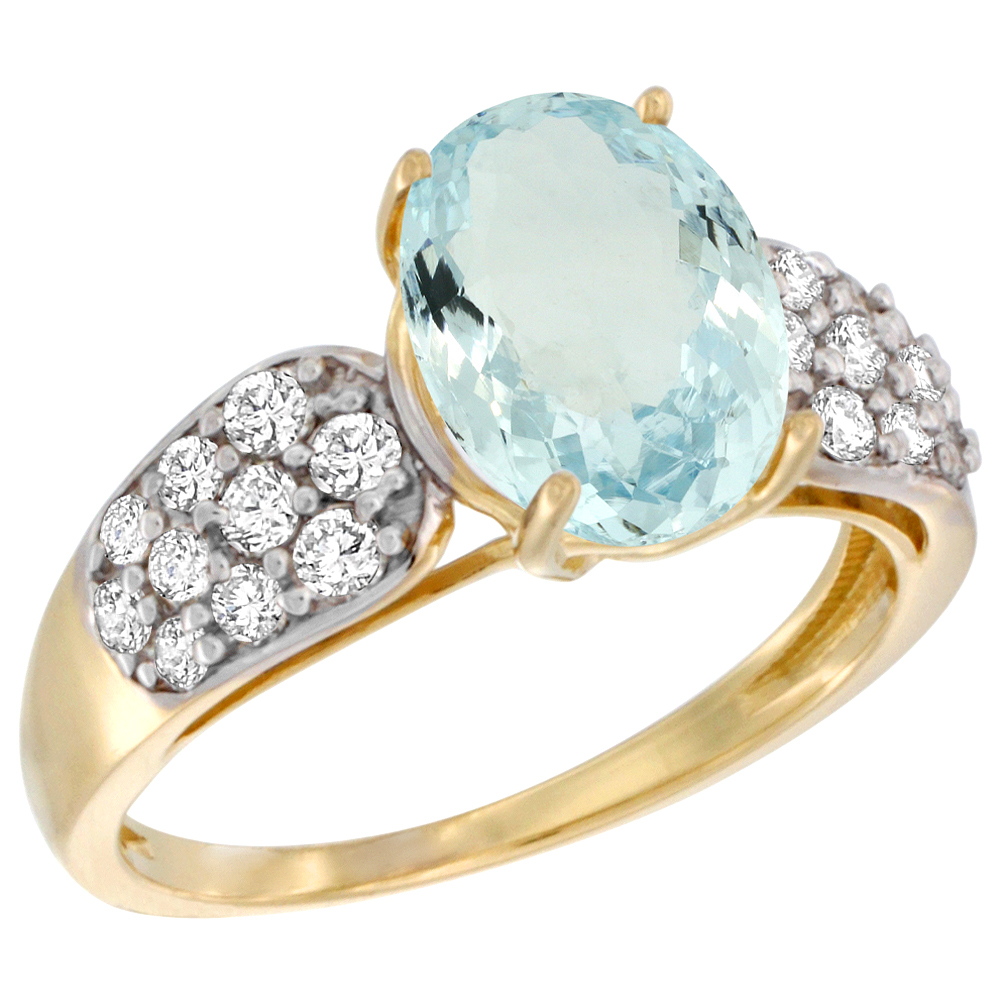 14K YELLOW GOLD NATURAL AQUAMARINE RING OVAL 10X8MM DIAMOND ACCENT, 7/16INCH WIDE, SIZES 5 - 10