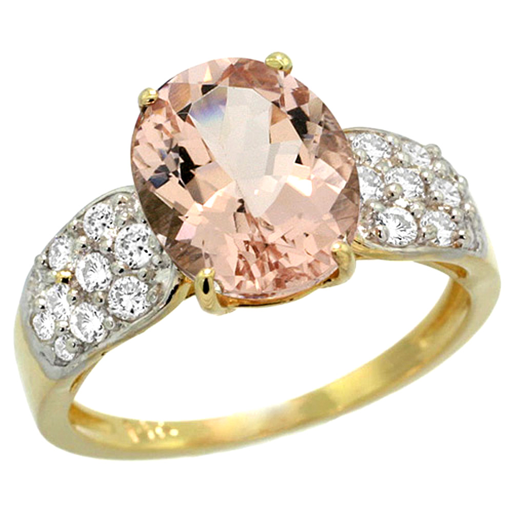 14K YELLOW GOLD NATURAL MORGANITE RING OVAL 10X8MM DIAMOND ACCENT, 7/16INCH WIDE, SIZES 5 - 10