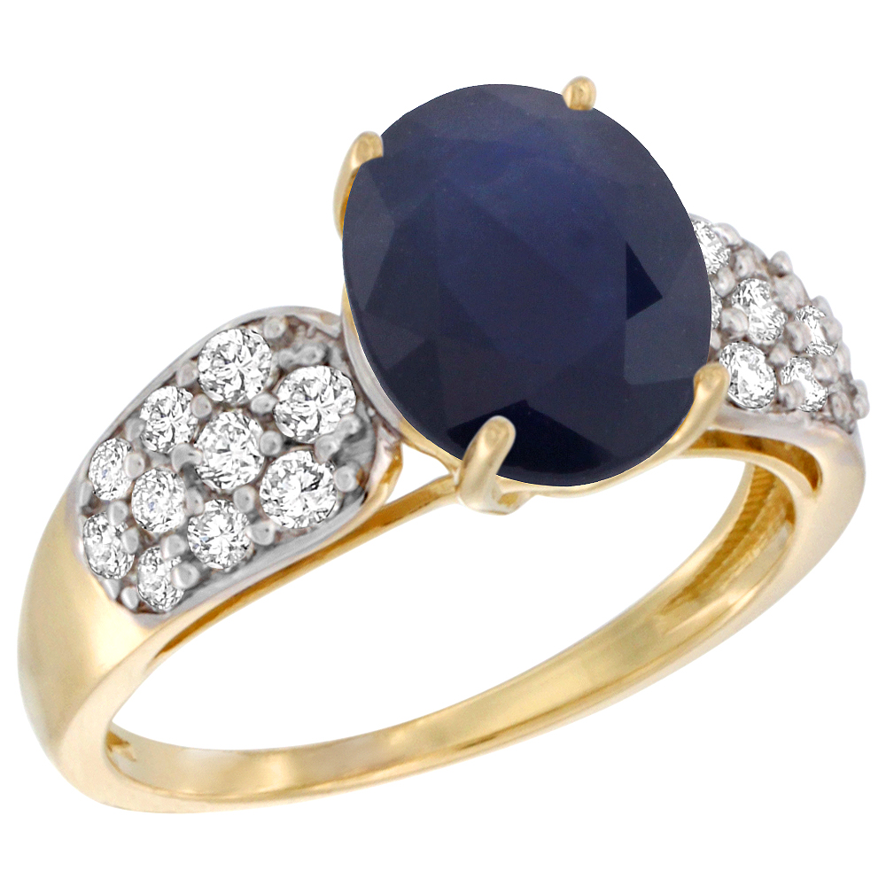 14K YELLOW GOLD NATURAL BLUE SAPPHIRE RING OVAL 10X8MM DIAMOND ACCENT, 7/16INCH WIDE, SIZES 5 - 10