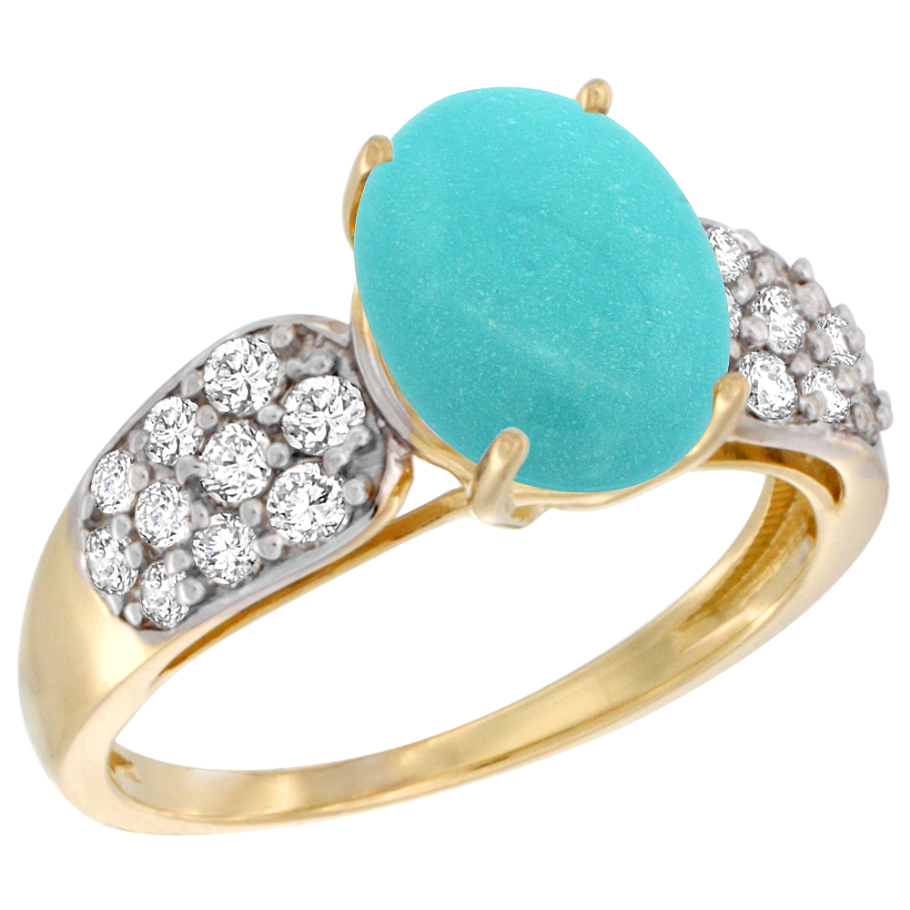 14K YELLOW GOLD NATURAL TURQUOISE RING OVAL 10X8MM DIAMOND ACCENT, 7/16INCH WIDE, SIZES 5 - 10