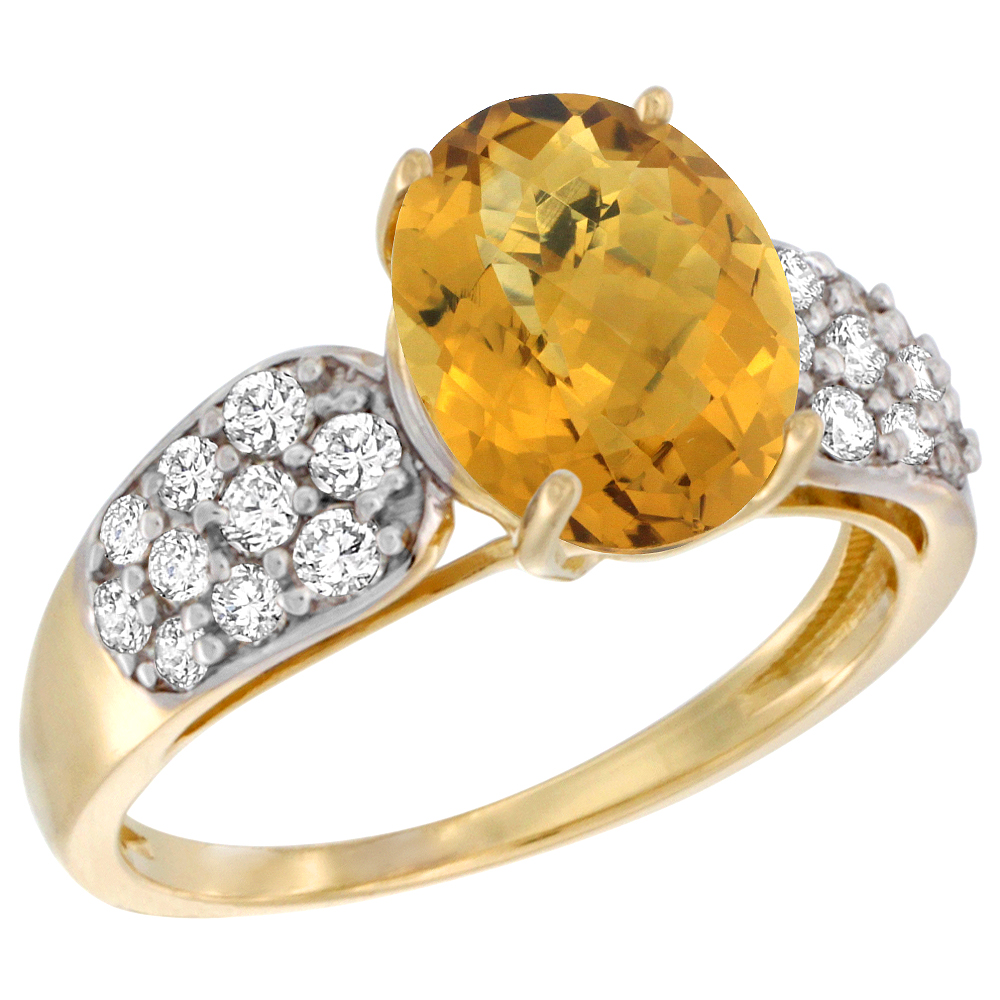 14K YELLOW GOLD NATURAL WHISKY QUARTZ RING OVAL 10X8MM DIAMOND ACCENT, 7/16INCH WIDE, SIZES 5 - 10