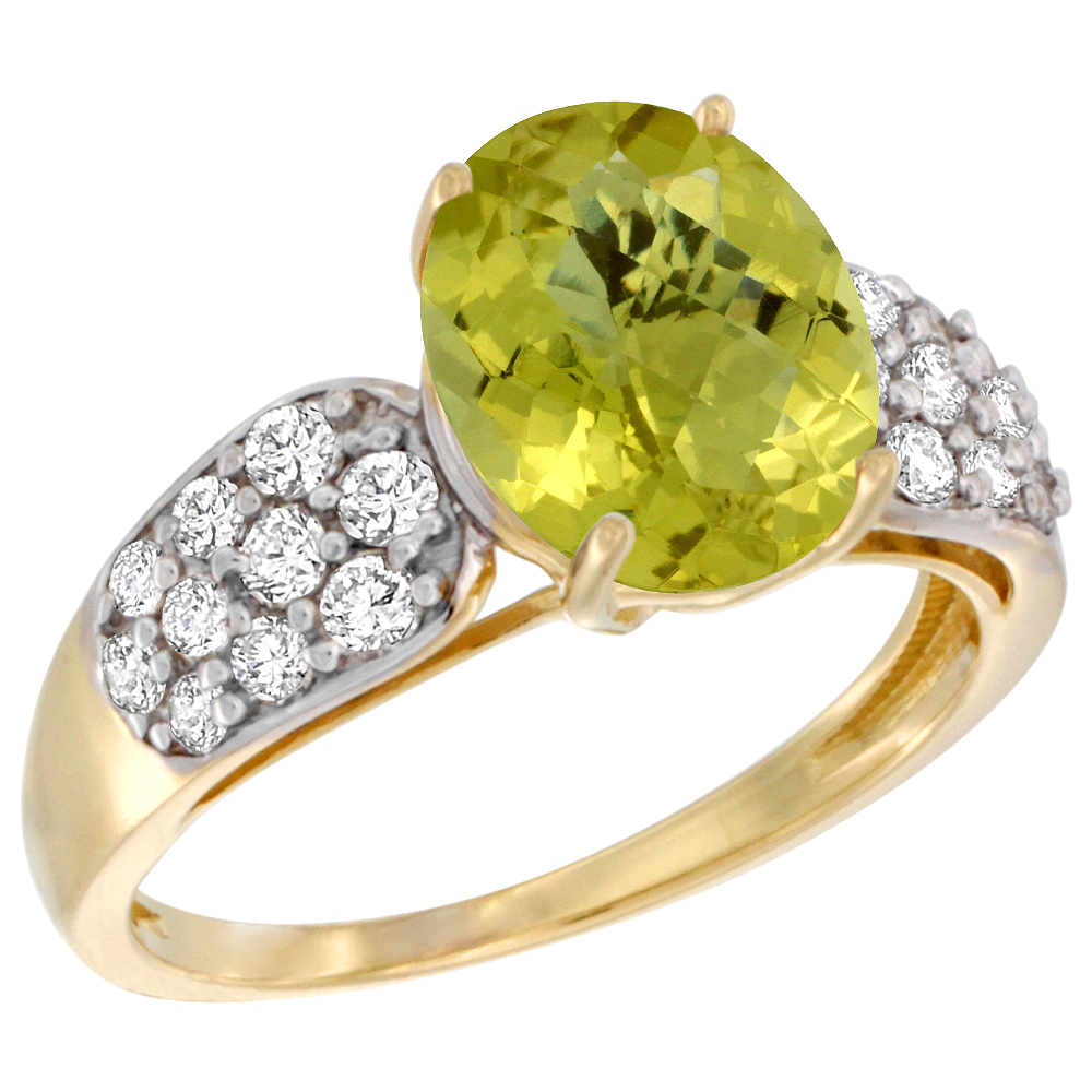 14K YELLOW GOLD NATURAL LEMON QUARTZ RING OVAL 10X8MM DIAMOND ACCENT, 7/16INCH WIDE, SIZES 5 - 10