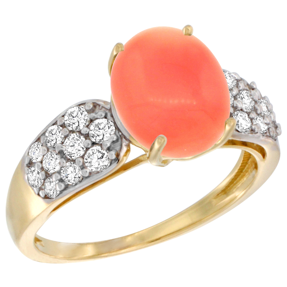14K YELLOW GOLD NATURAL CORAL RING OVAL 10X8MM DIAMOND ACCENT, 7/16INCH WIDE, SIZES 5 - 10