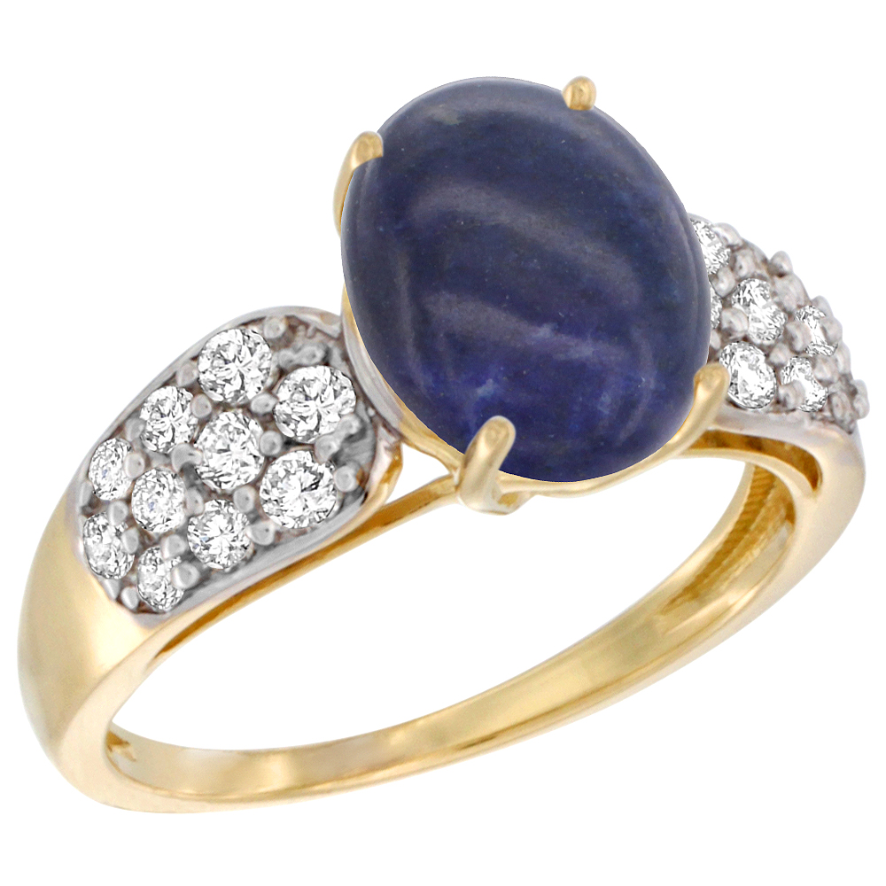14K YELLOW GOLD NATURAL LAPIS RING OVAL 10X8MM DIAMOND ACCENT, 7/16INCH WIDE, SIZES 5 - 10