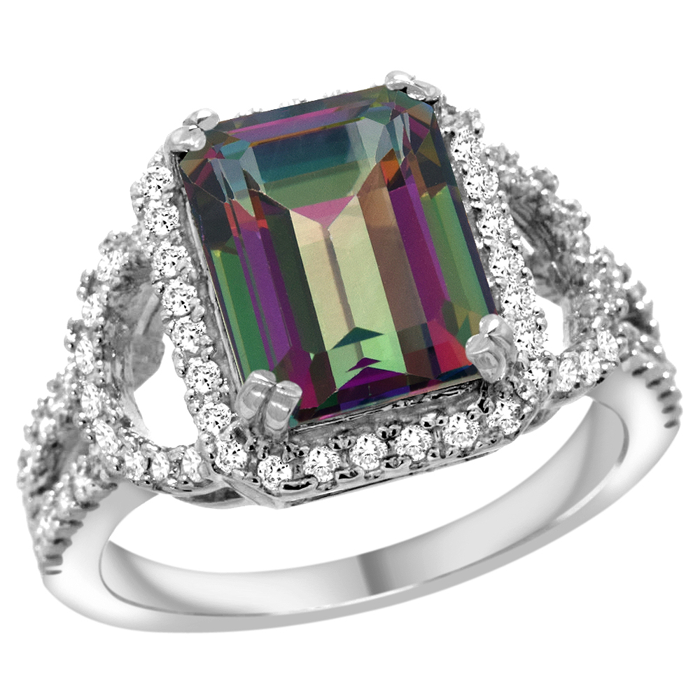 14K WHITE GOLD NATURAL MYSTIC TOPAZ RING 3.10 CARATS EMERALD CUT STONE0.41 CTTW DIAMONDS, 1/2INCH WIDE, SIZES 5 - 10
