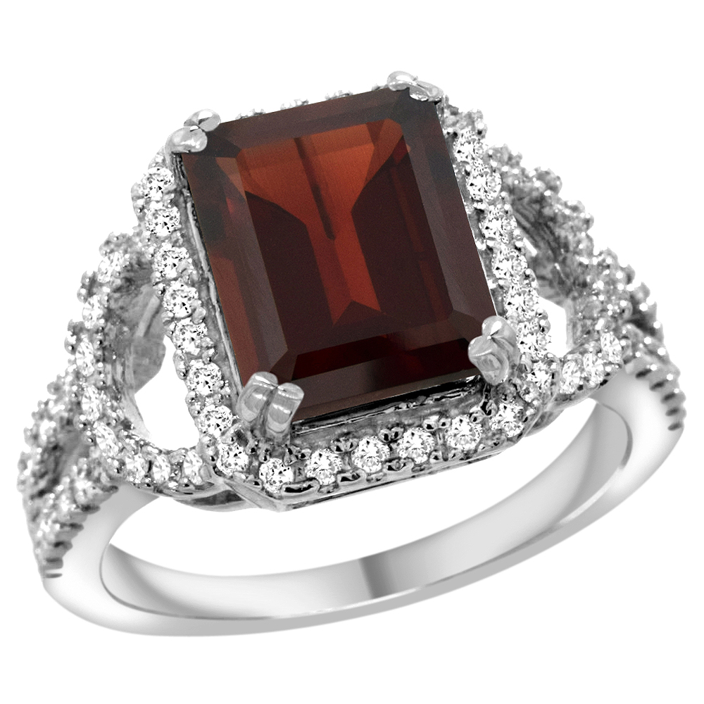 14K WHITE GOLD NATURAL GARNET RING OCTAGON 10X8MM DIAMOND HALO, 1/2INCH WIDE, SIZES 5 - 10
