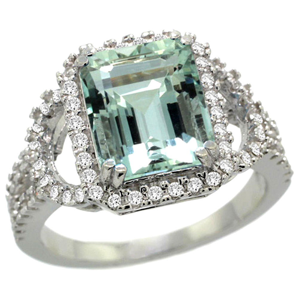 14K WHITE GOLD NATURAL AQUAMARINE RING OCTAGON 10X8MM DIAMOND HALO, 1/2INCH WIDE, SIZES 5 - 10