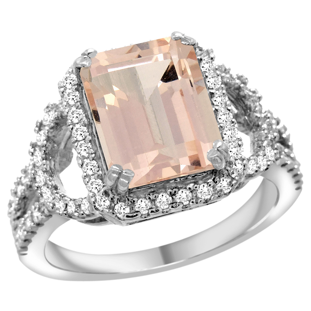14K WHITE GOLD NATURAL MORGANITE RING OCTAGON 10X8MM DIAMOND HALO, 1/2INCH WIDE, SIZES 5 - 10