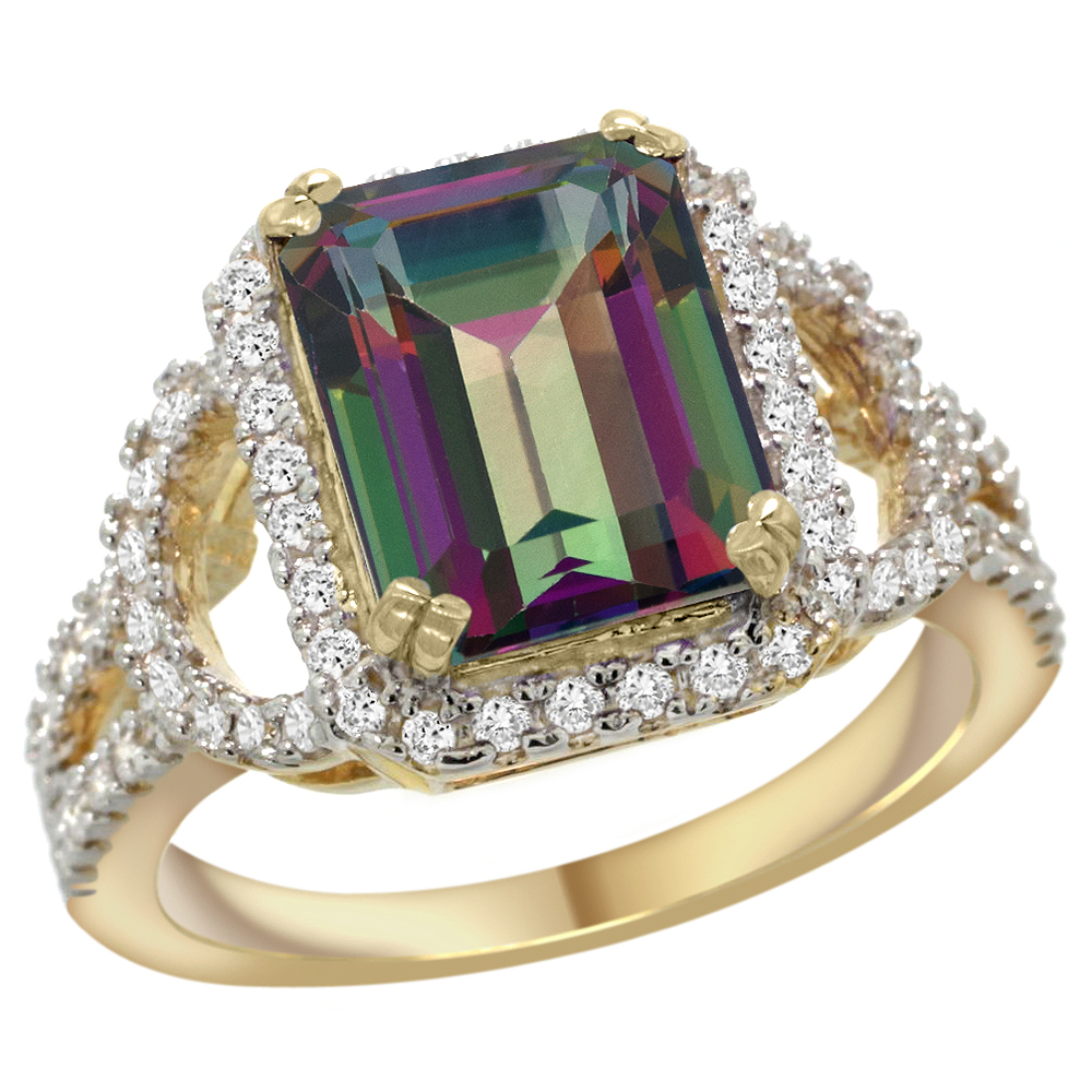 14K YELLOW GOLD NATURAL MYSTIC TOPAZ RING 3.10 CARATS EMERALD CUT STONE0.41 CTTW DIAMONDS, 1/2INCH WIDE, SIZES 5 - 10