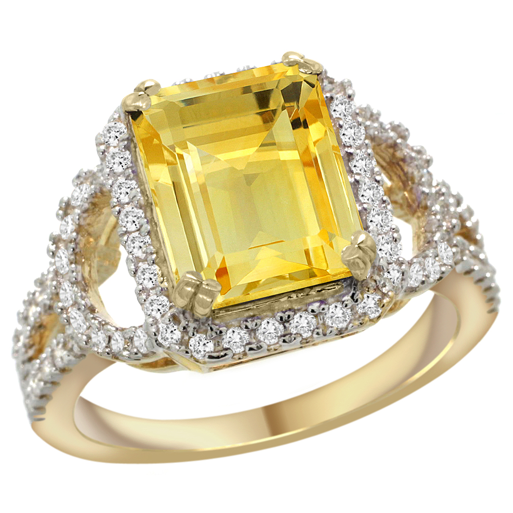 14K YELLOW GOLD NATURAL CITRINE RING OCTAGON 10X8MM DIAMOND HALO, 1/2INCH WIDE, SIZES 5 - 10