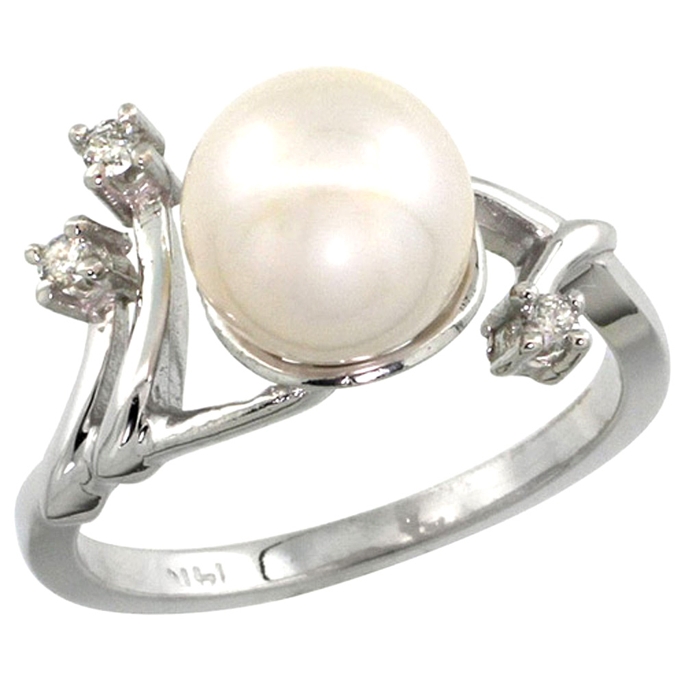 14k White Gold Pearl Ring 9mm & 0.085 cttw Diamond Accents