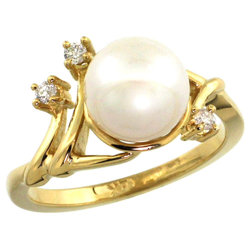 14k Yellow Gold Pearl Ring 9mm &amp; 0.085 cttw Diamond Accents