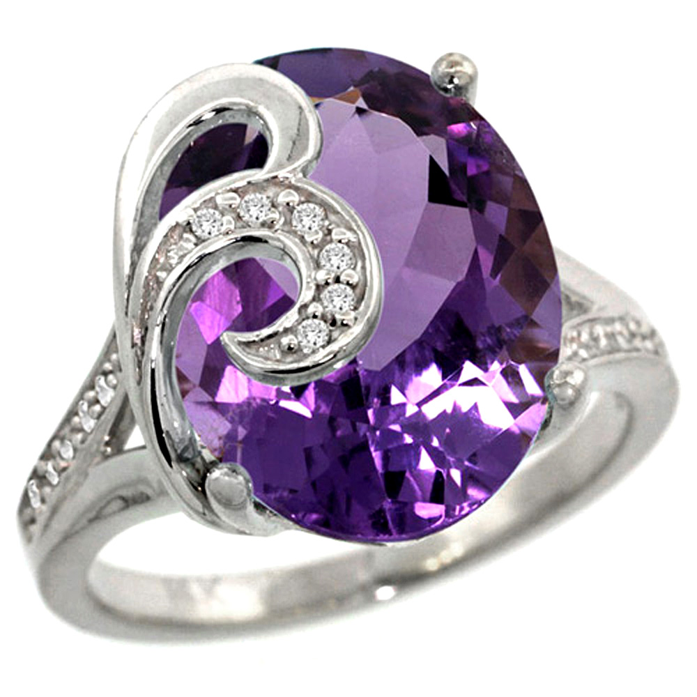 14K WHITE GOLD NATURAL AMETHYST RING 16X12 MM OVAL SHAPE DIAMOND ACCENT, 5/8 INCH WIDE