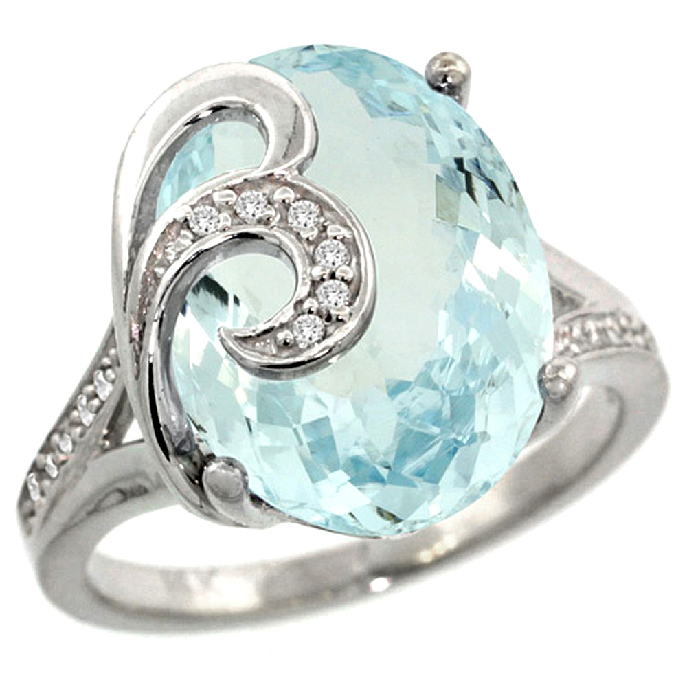 14K WHITE GOLD NATURAL AQUAMARINE RING 16X12 MM OVAL SHAPE DIAMOND ACCENT, 5/8 INCH WIDE