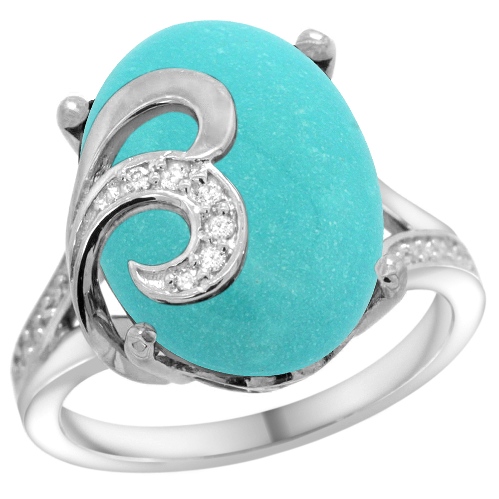 14K WHITE GOLD NATURAL TURQUOISE RING 16X12 MM OVAL SHAPE DIAMOND ACCENT, 5/8 INCH WIDE