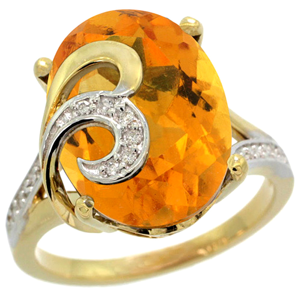 14K YELLOW GOLD NATURAL CITRINE RING 16X12 MM OVAL SHAPE DIAMOND ACCENT, 5/8 INCH WIDE