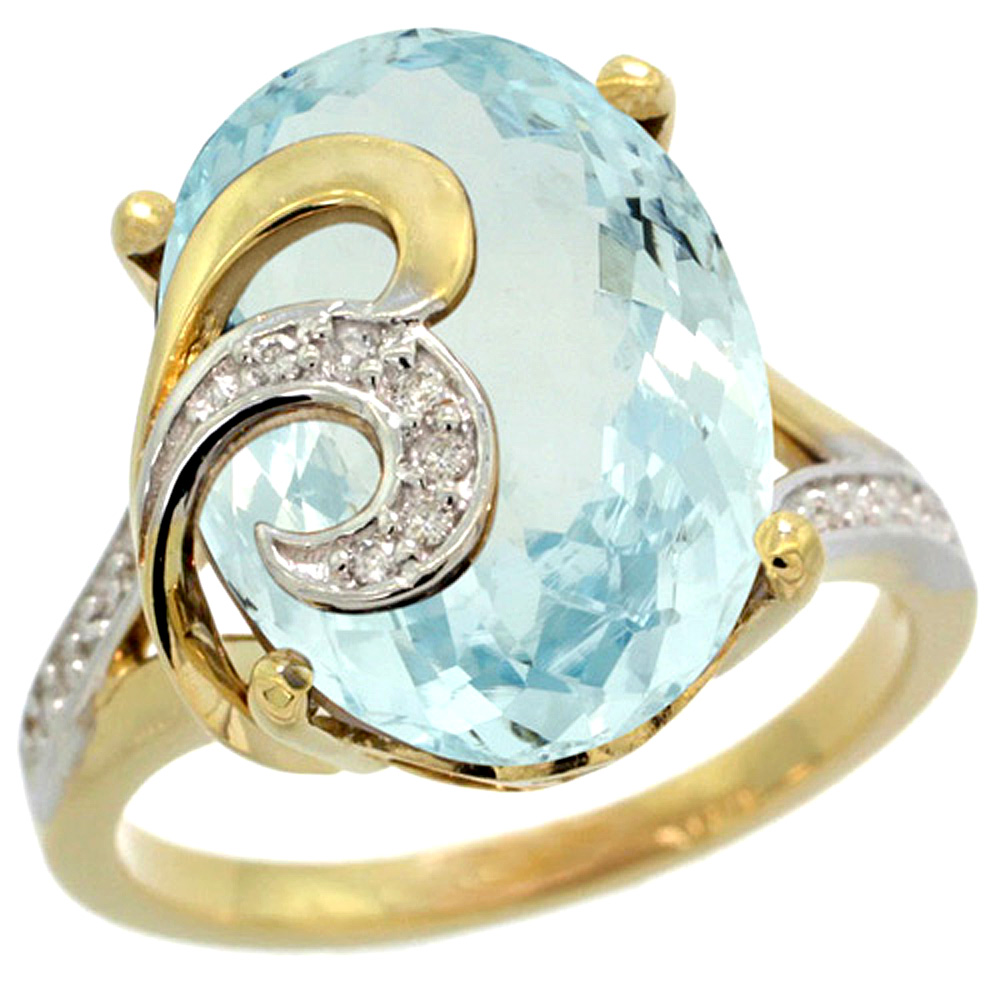 14K YELLOW GOLD NATURAL AQUAMARINE RING 16X12 MM OVAL SHAPE DIAMOND ACCENT, 5/8 INCH WIDE