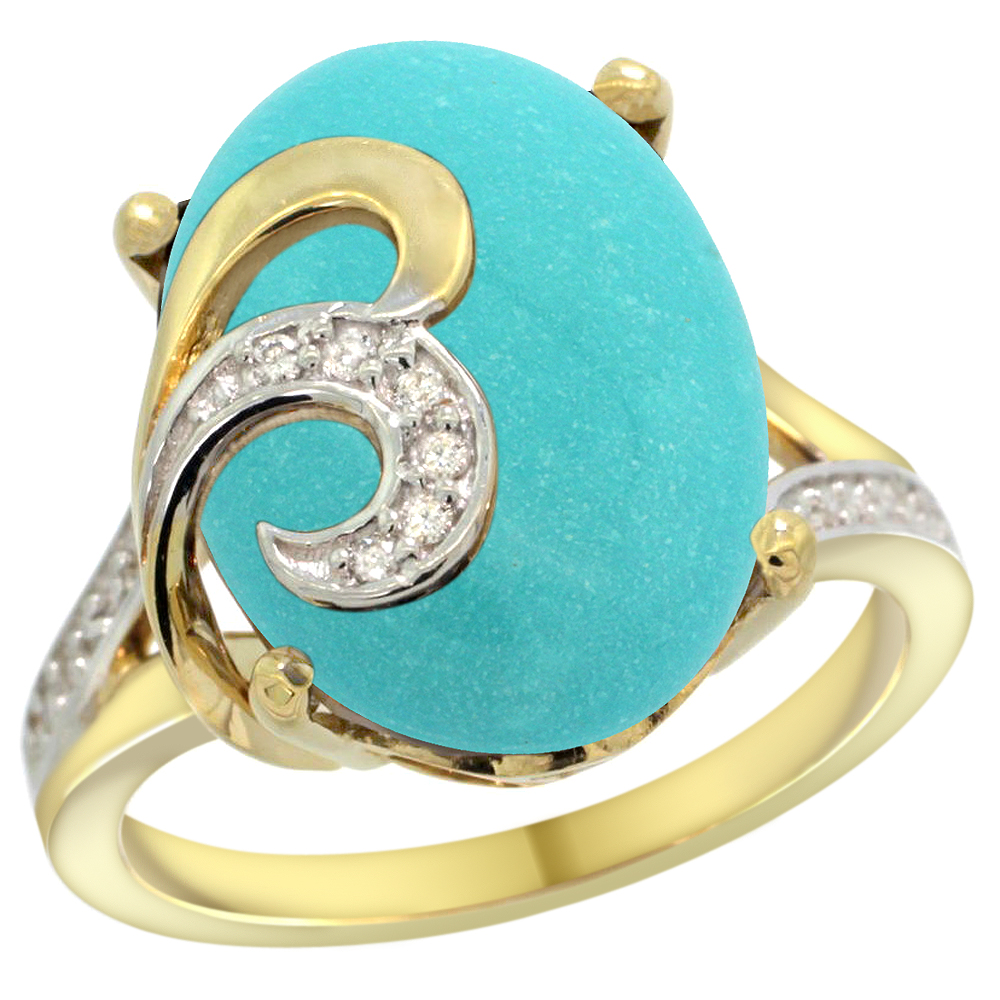 14K YELLOW GOLD NATURAL TURQUOISE RING 16X12 MM OVAL SHAPE DIAMOND ACCENT, 5/8 INCH WIDE